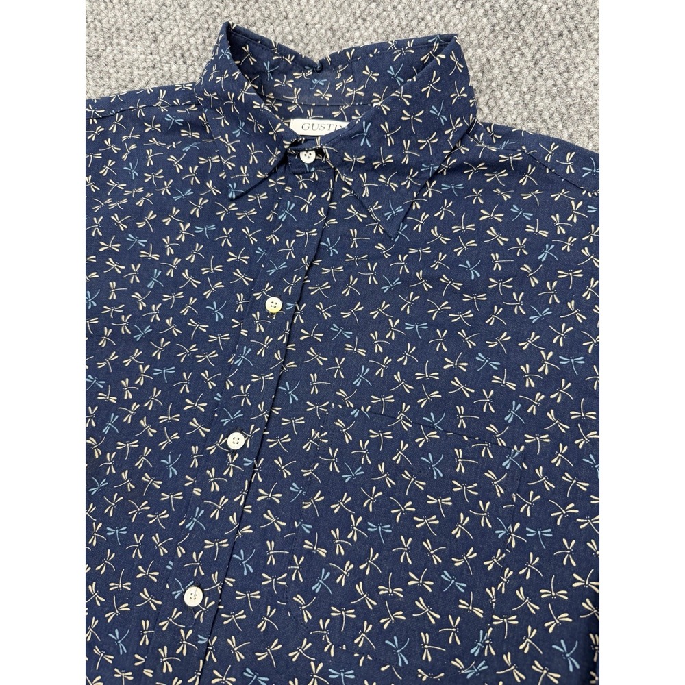 Gustin Button Up Shirt Men's XL Blue Dragonfly Print Short Sleeve USA Slim Fit